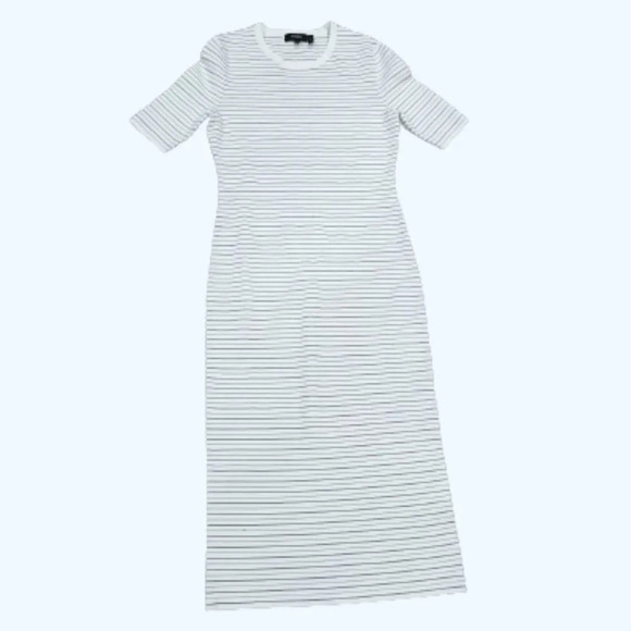 Theory Body Con Striped Ribbed Stretch Knit Midi Dress Ivory Black Small - Picture 1 of 8